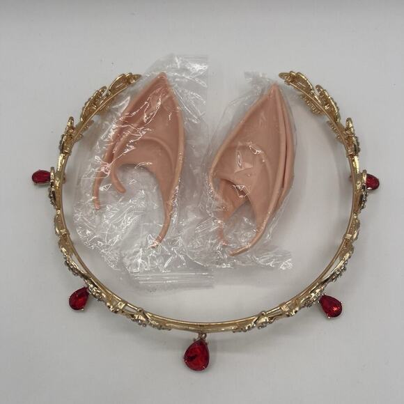 Gold Elf Fairy Tiara Crown with Red Gem & 2 Pairs Elf Ears Cosplay Halloween - Picture 2 of 8
